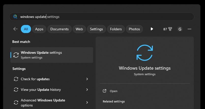 menu Start di Windows che visualizza la ricerca delle impostazioni di aggiornamento di Windows
