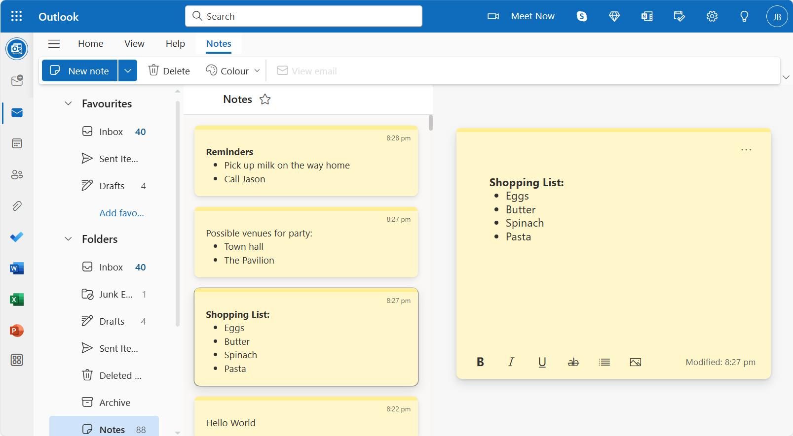 Windows 11 Sticky Notes in Outlook Online