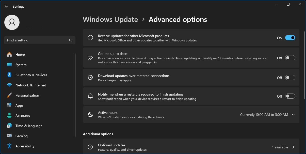 finestra delle impostazioni di aggiornamento di Windows che mostra gli aggiornamenti aggiuntivi attivati