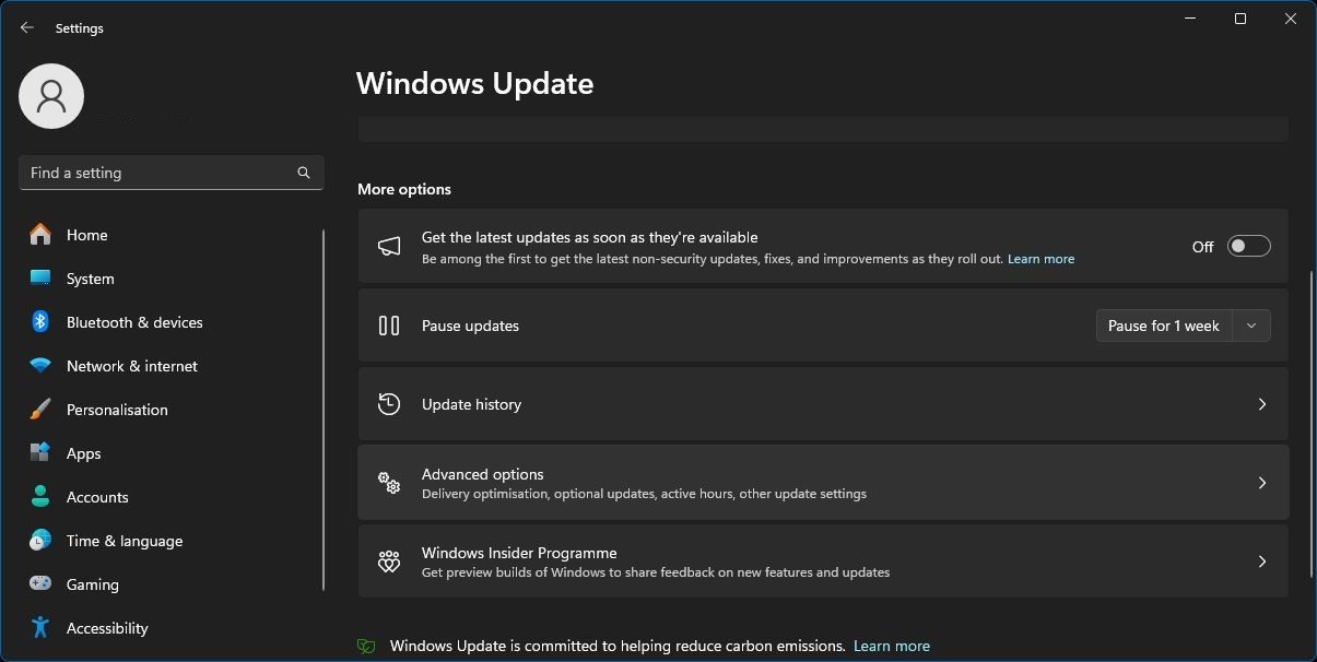 finestra delle impostazioni di Windows Update che mostra più opzioni