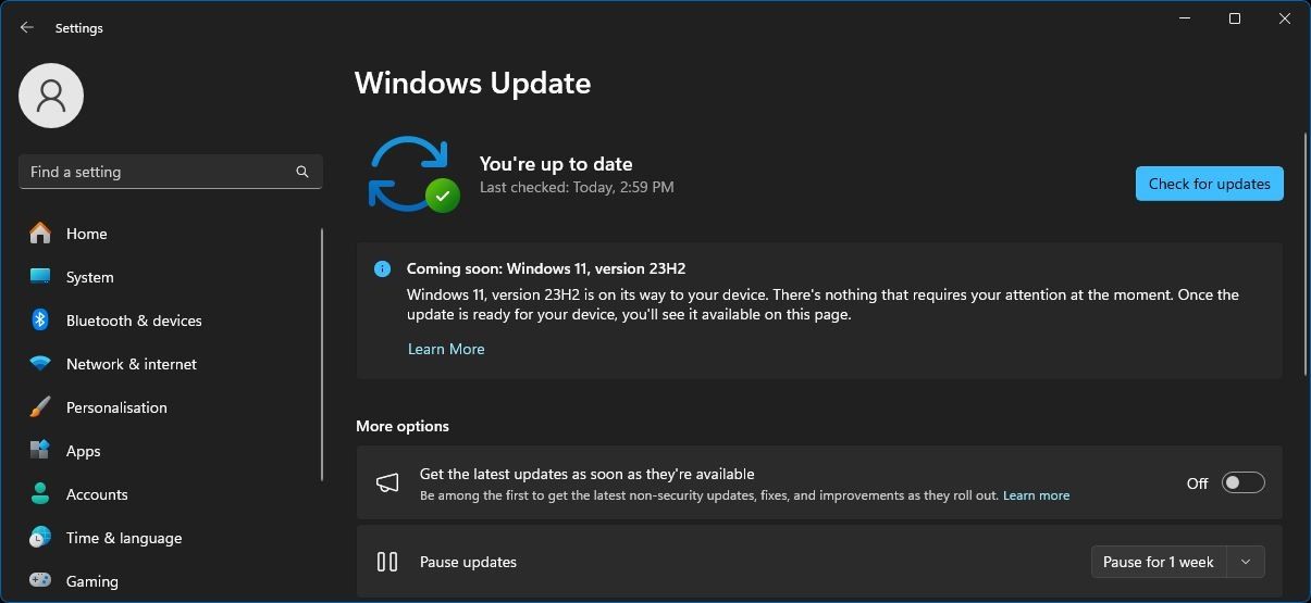 finestra delle impostazioni di aggiornamento di Windows che visualizza il pulsante Controlla aggiornamenti