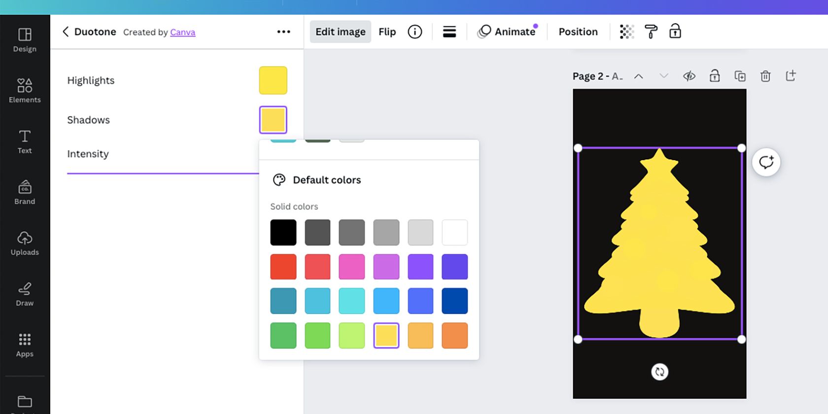 درخت کریسمس زرد با تنظیمات Duotone زرد در Canva