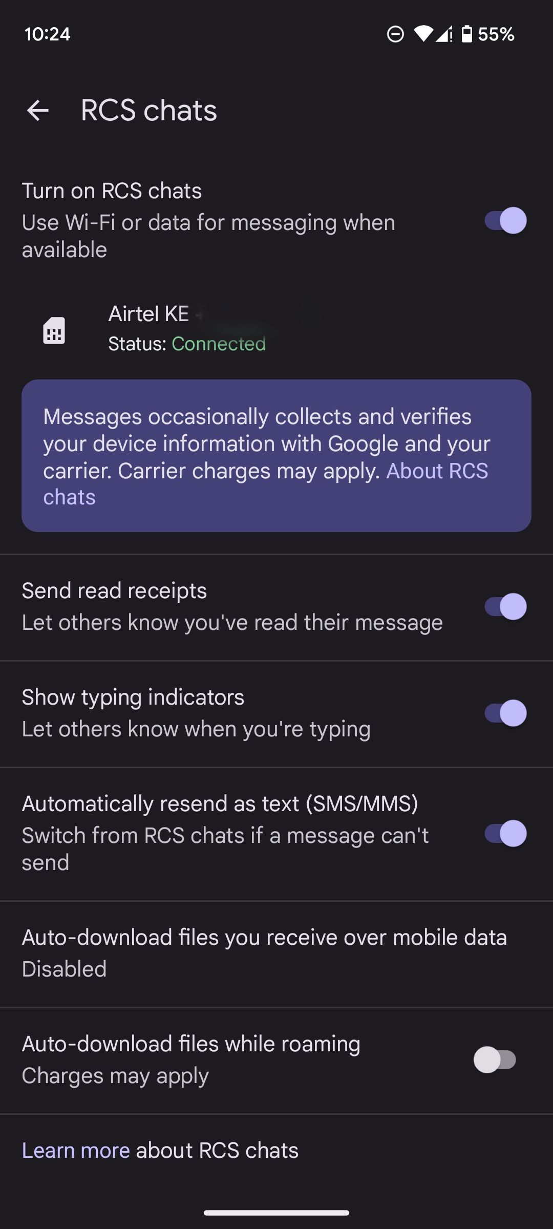 RCS enabled in Google Messages app