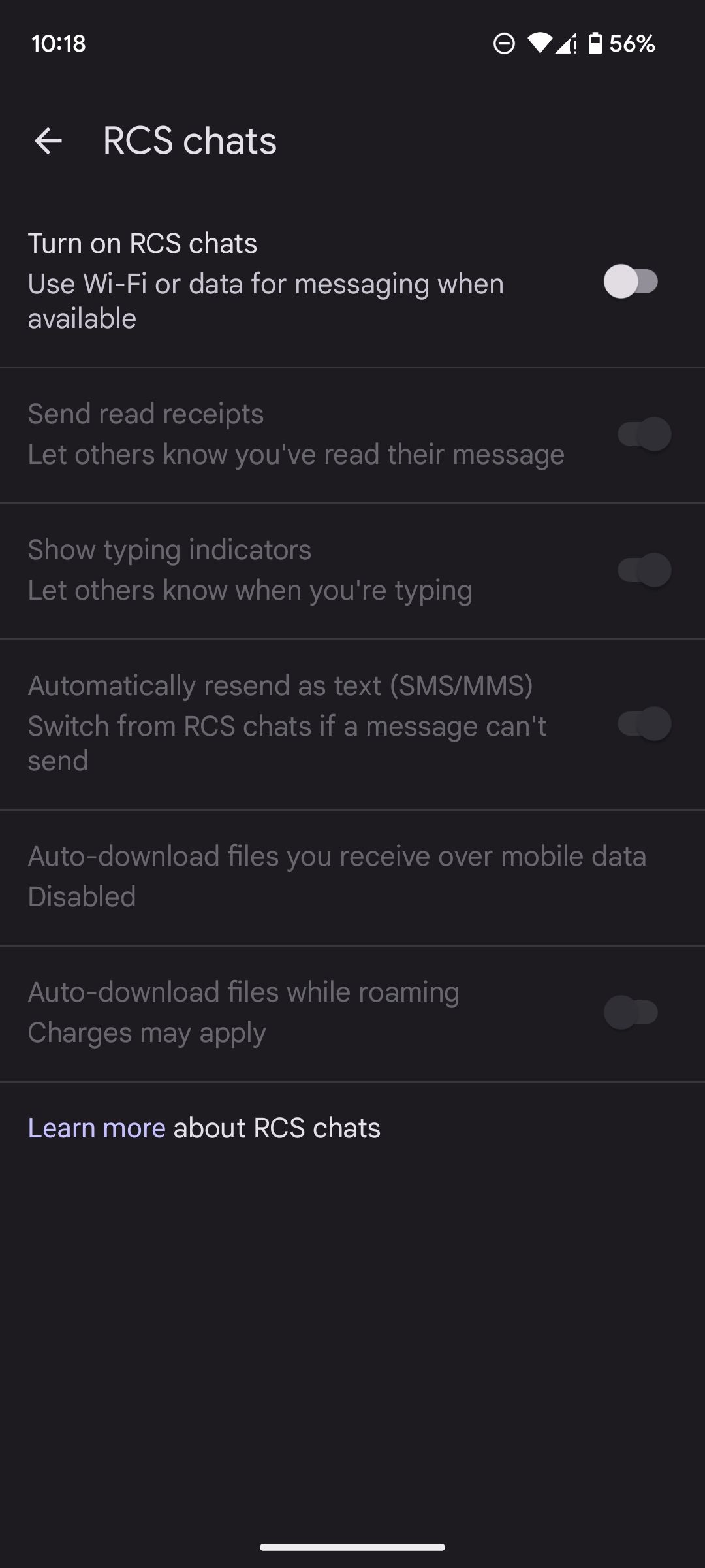 Toggle for enabling RCS chats on Android in Google Messages