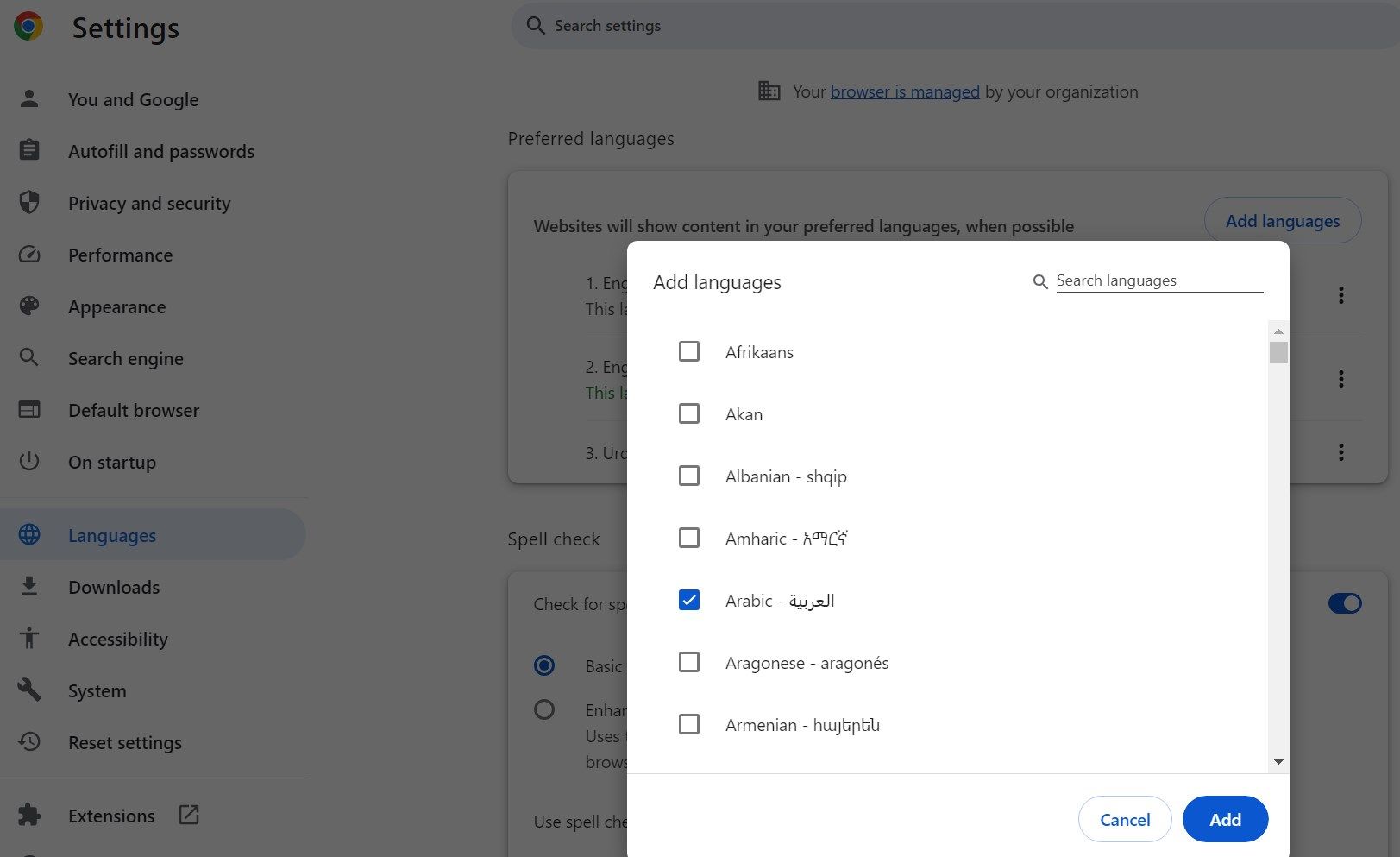 Adding a new language in Google Chrome's language settings