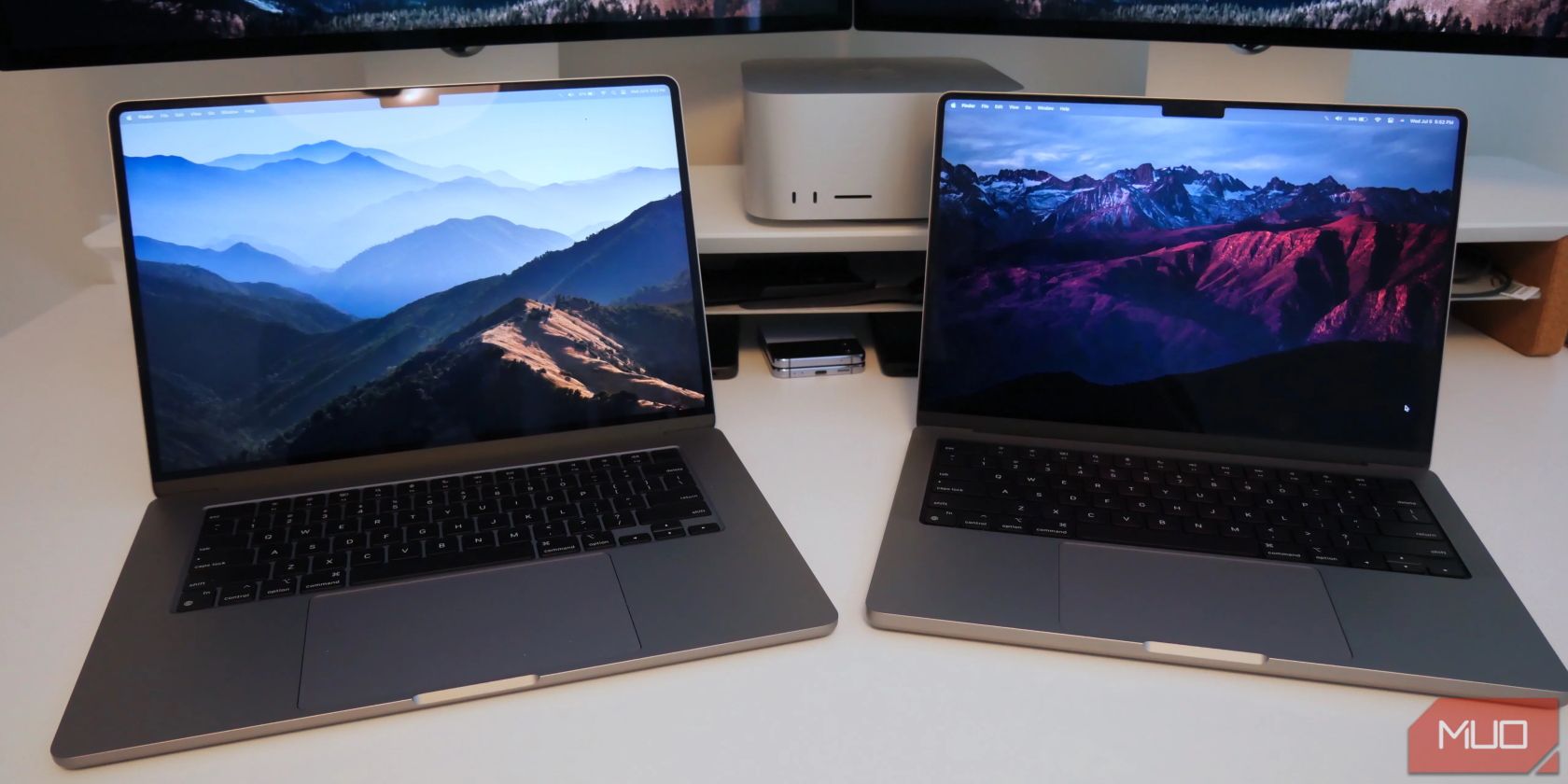 15-inch MacBook Air and 14-inch MacBook Pro on a desk