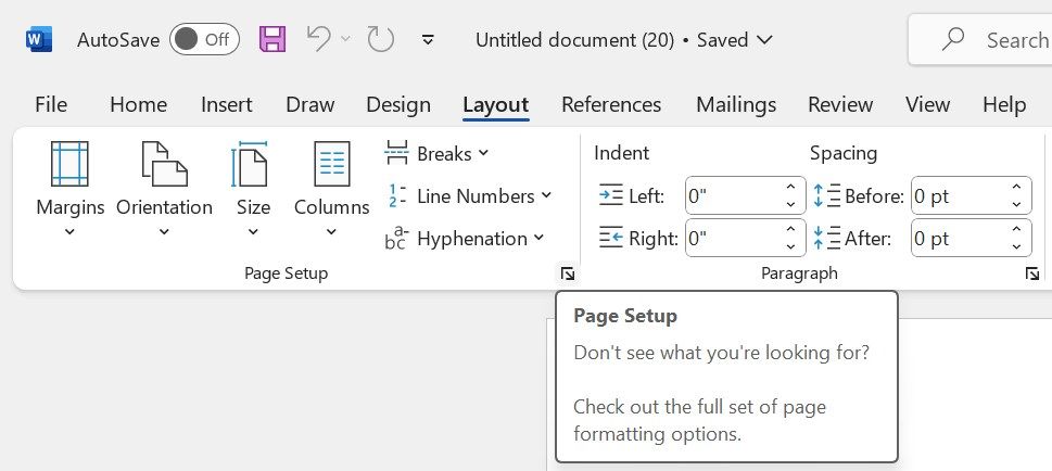 Opening the page formatting options from the Page Setup group in Microsoft Word.