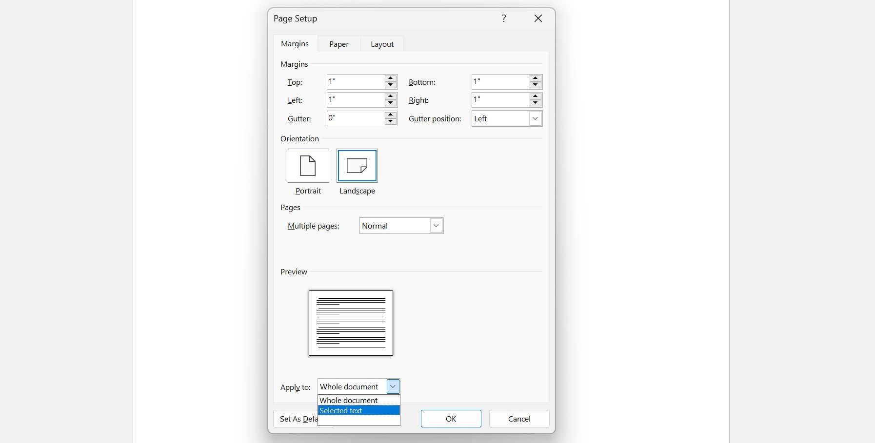 Applying the landscape orientation to the selected text from the Page Setup window in Microsoft Word.
