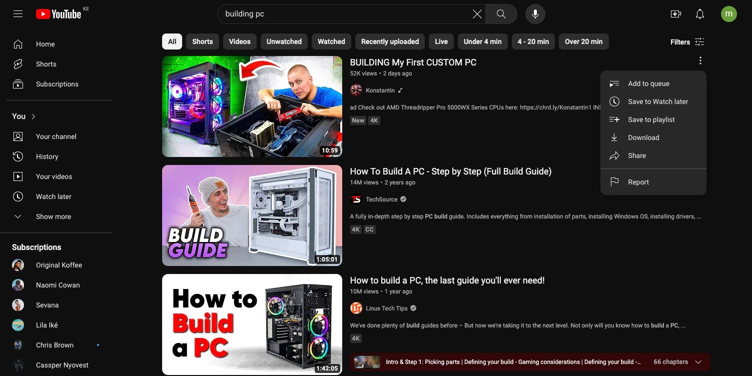 Adding a YouTube video to a playlist from the search results page
