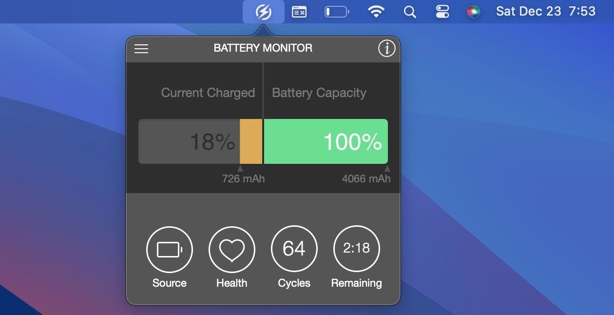 Battery Monitor app in macOS menu bar