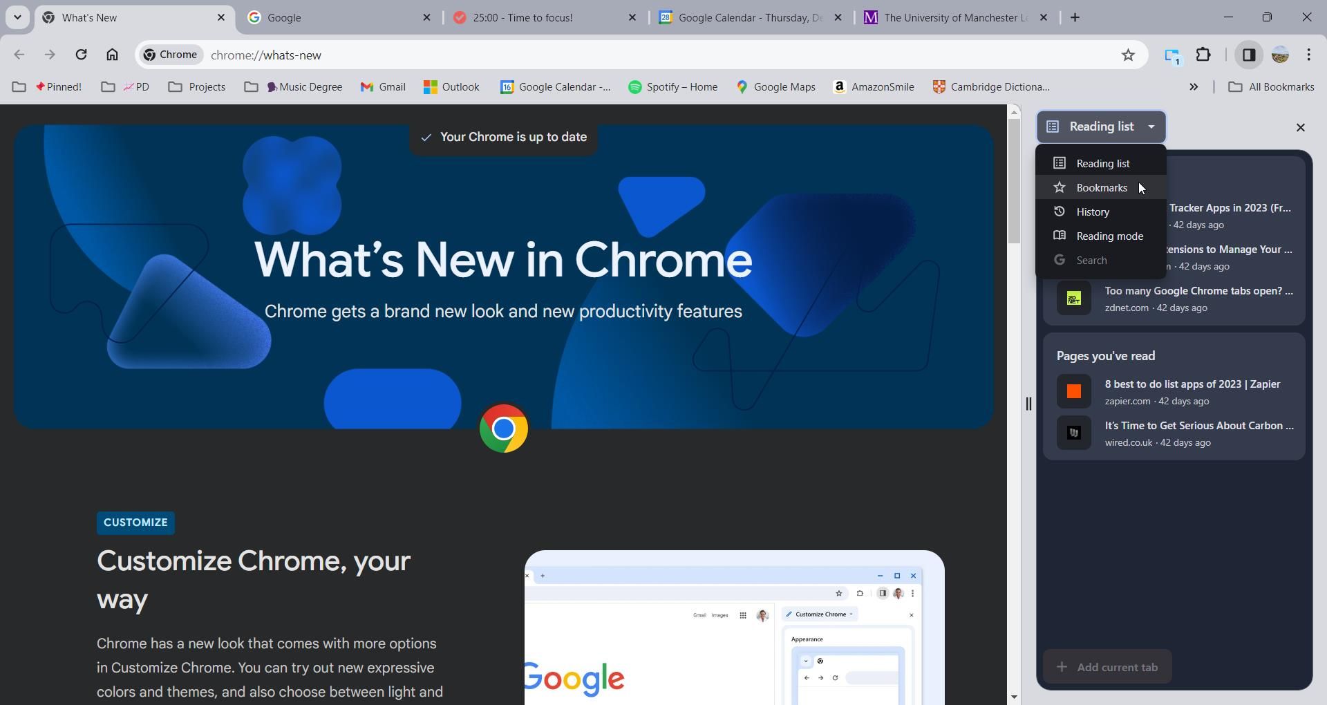 Bookmarks option in Chrome side panel