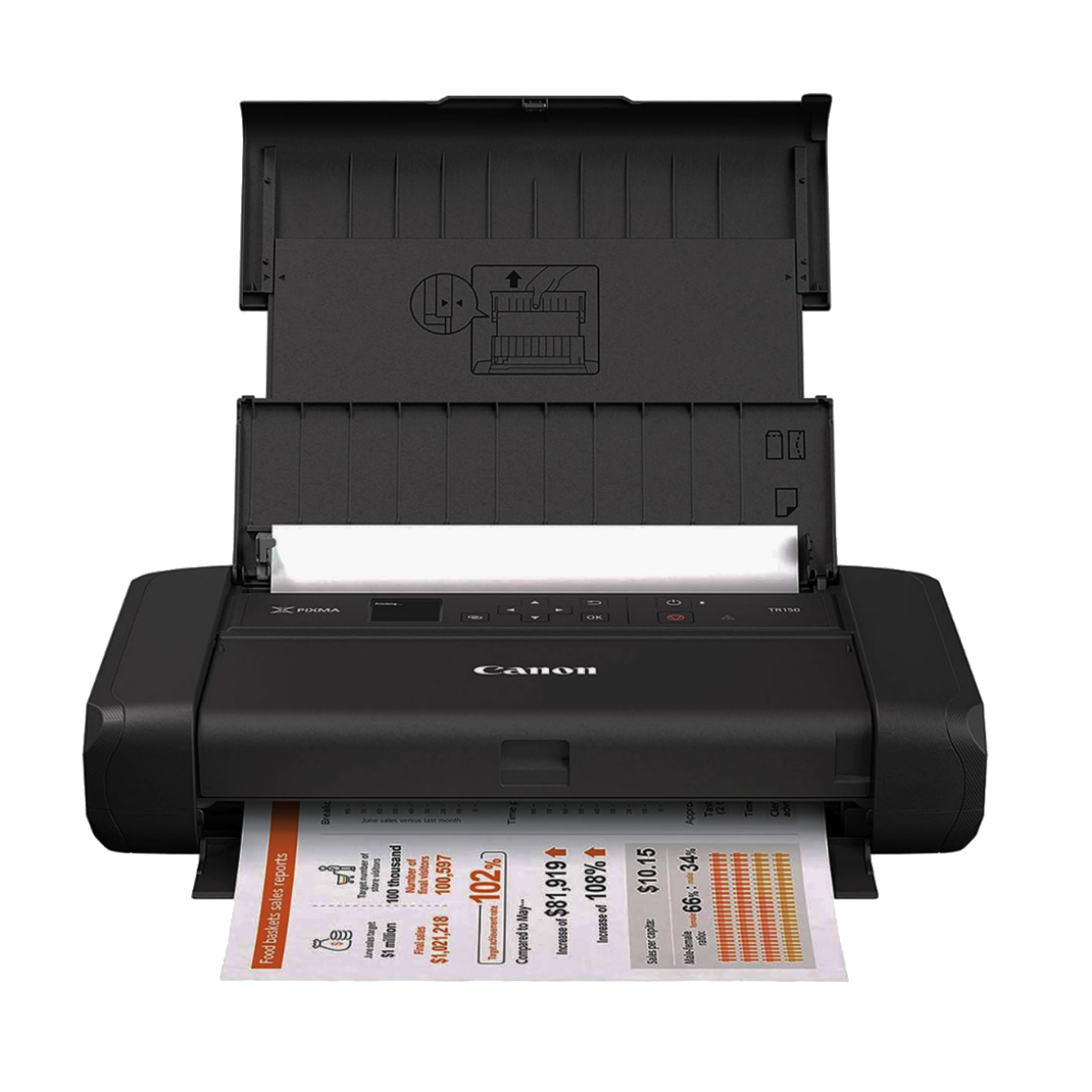 A Canon Pixma TR150 printing a color document