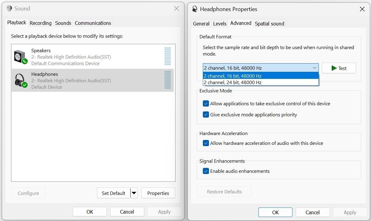 Changing the default audio format in sound settings on Windows