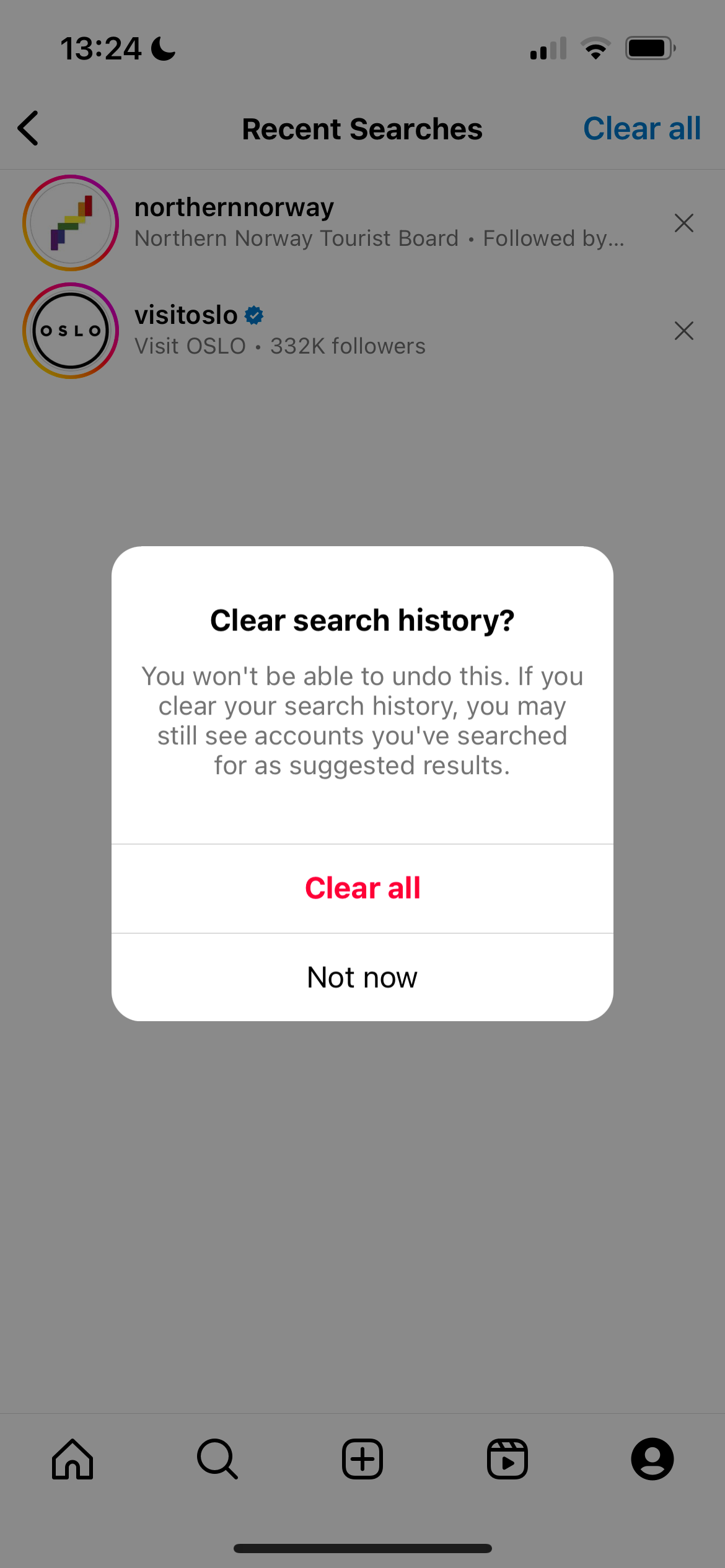 The popup menu asking you to confirm whether you want to clear your IG search history