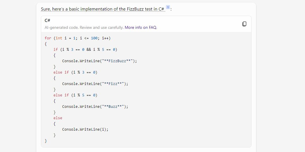Copilot creating a FizzBuzz test in C#