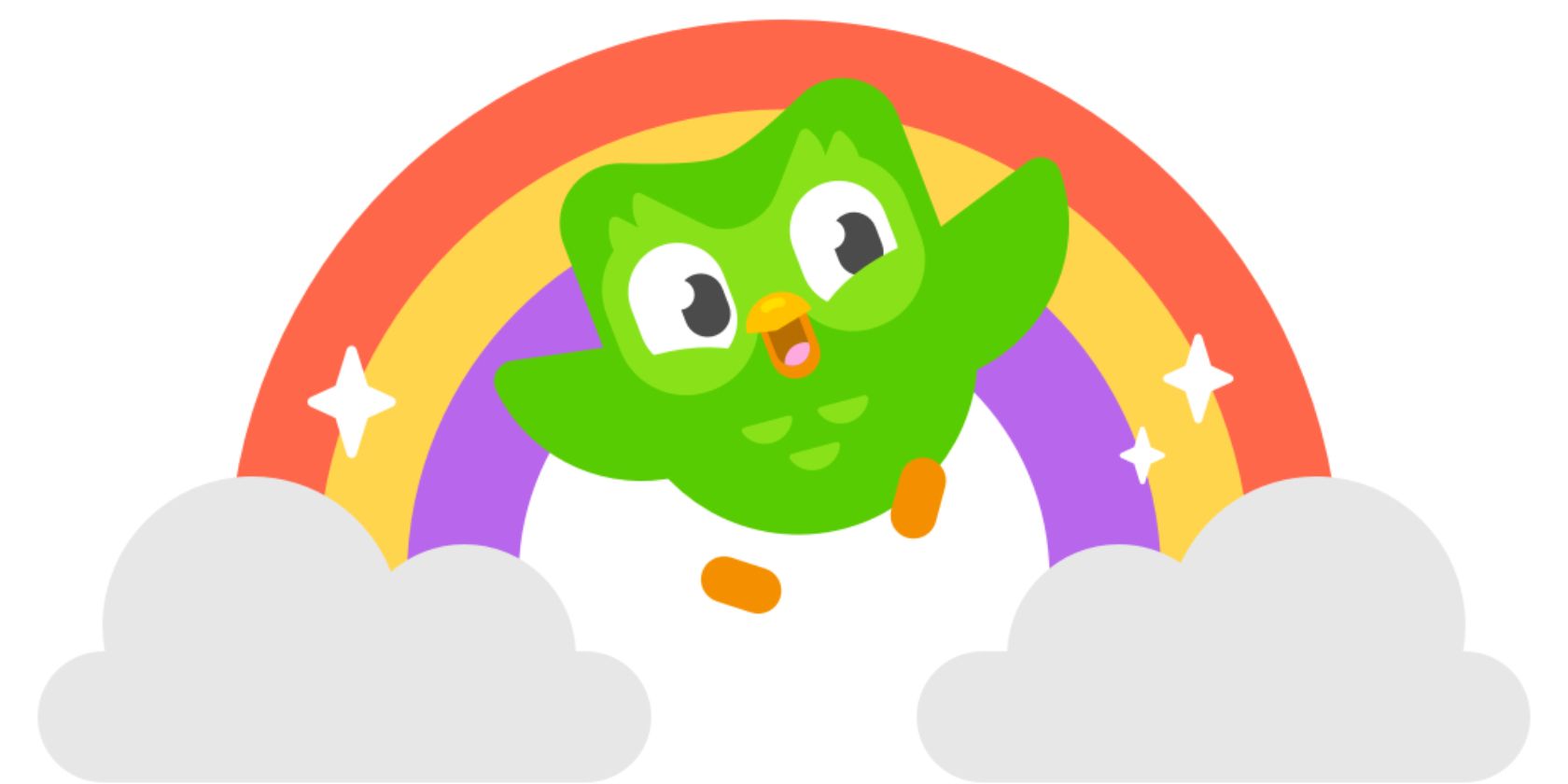 The Duolingo owl Duo dancing inside a rainbow.