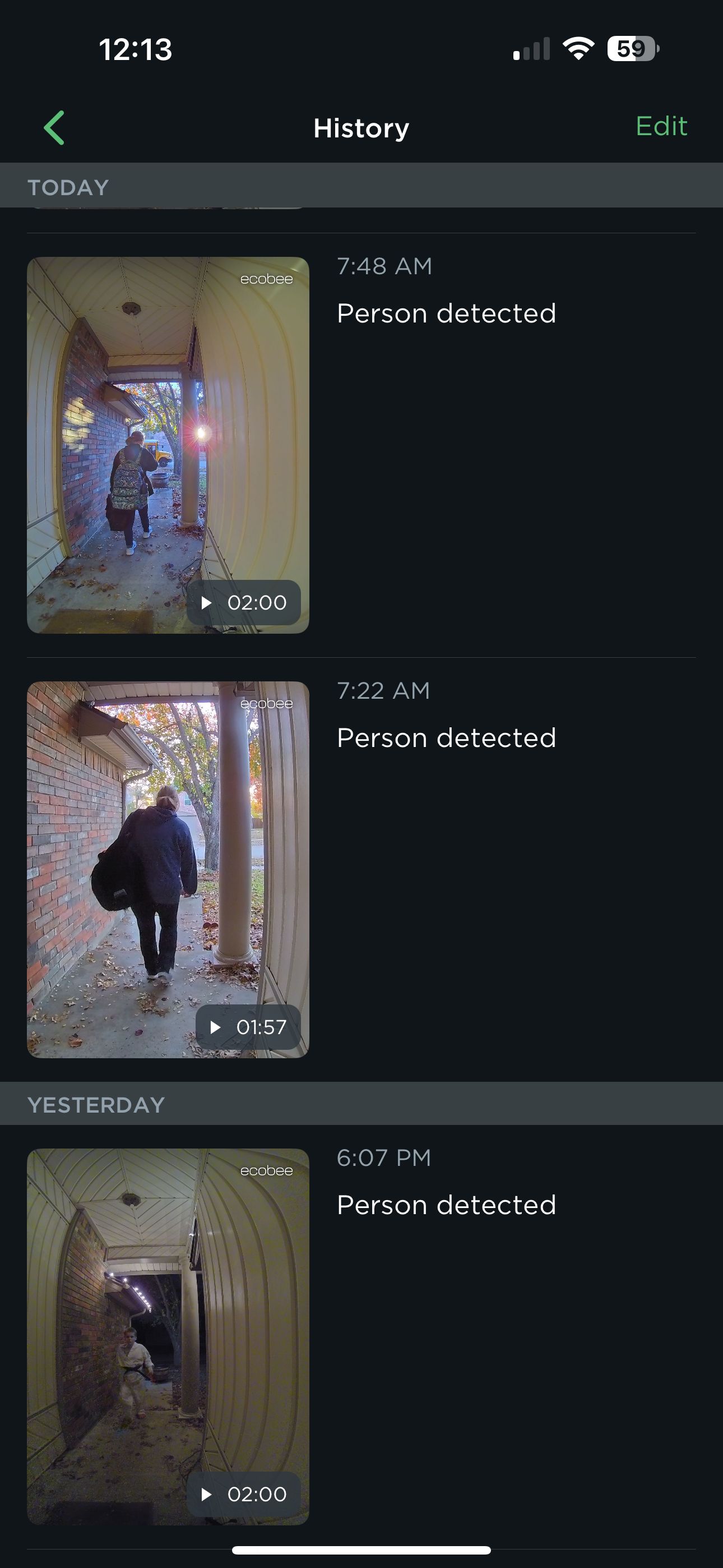 ecobee smart view doorbell history