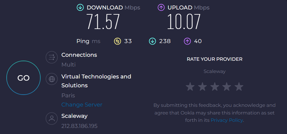 اسکرین شات از نتایج تست سرعت اتصال speedtest.net