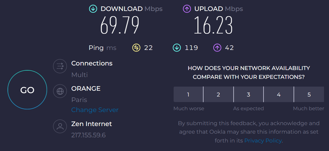 اسکرین شات از نتایج تست سرعت اتصال speedtest.net