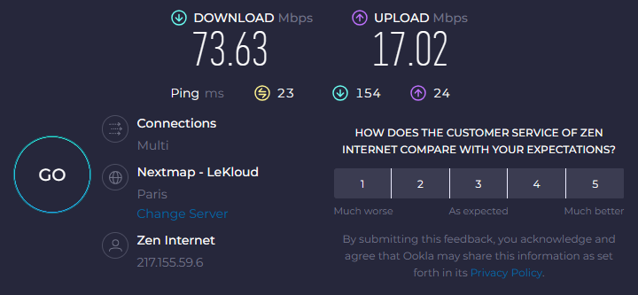 اسکرین شات از نتایج تست سرعت اتصال speedtest.net