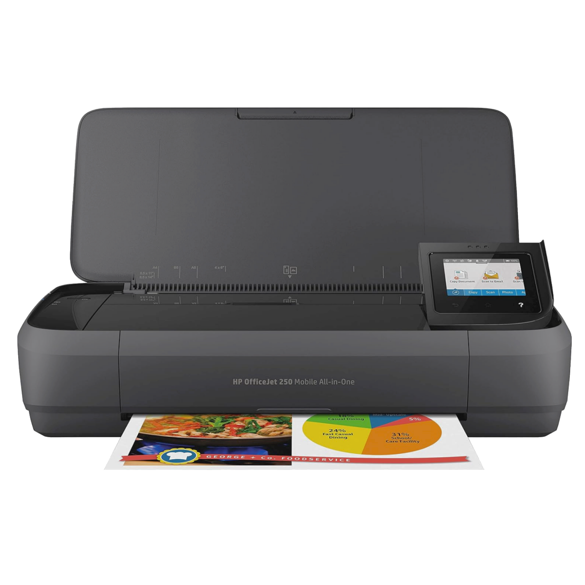 An HP OfficeJet 250 printing a color document