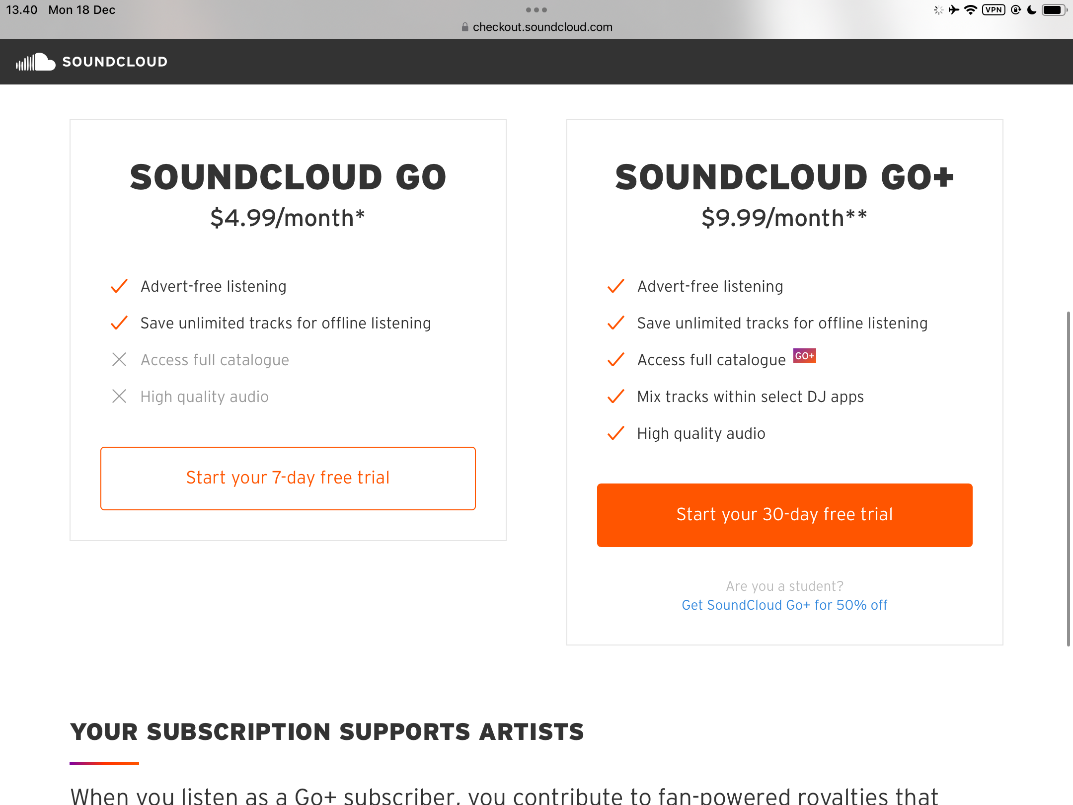 The different premium pricing plans on SoundCloud