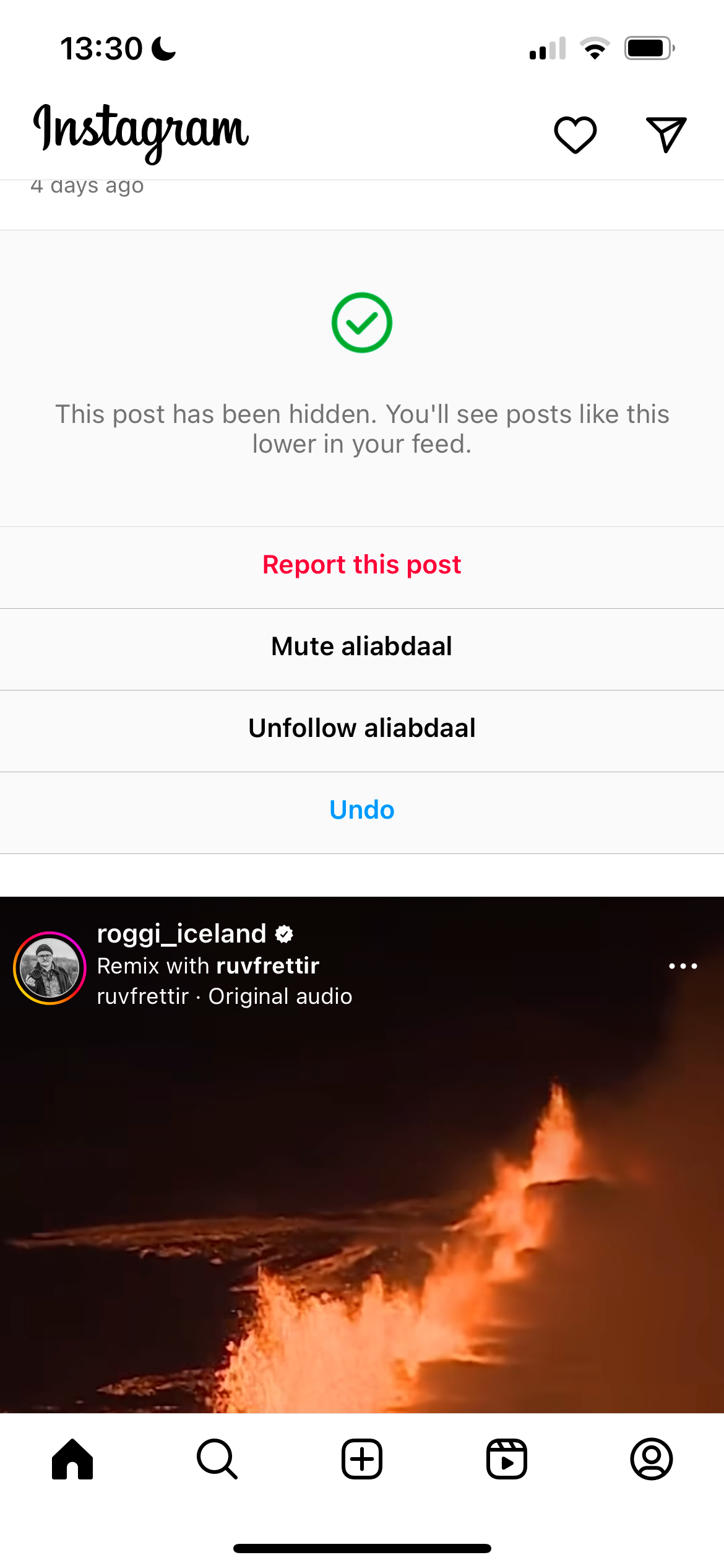 Confirmation that a post in the home feed is hidden on Instagram