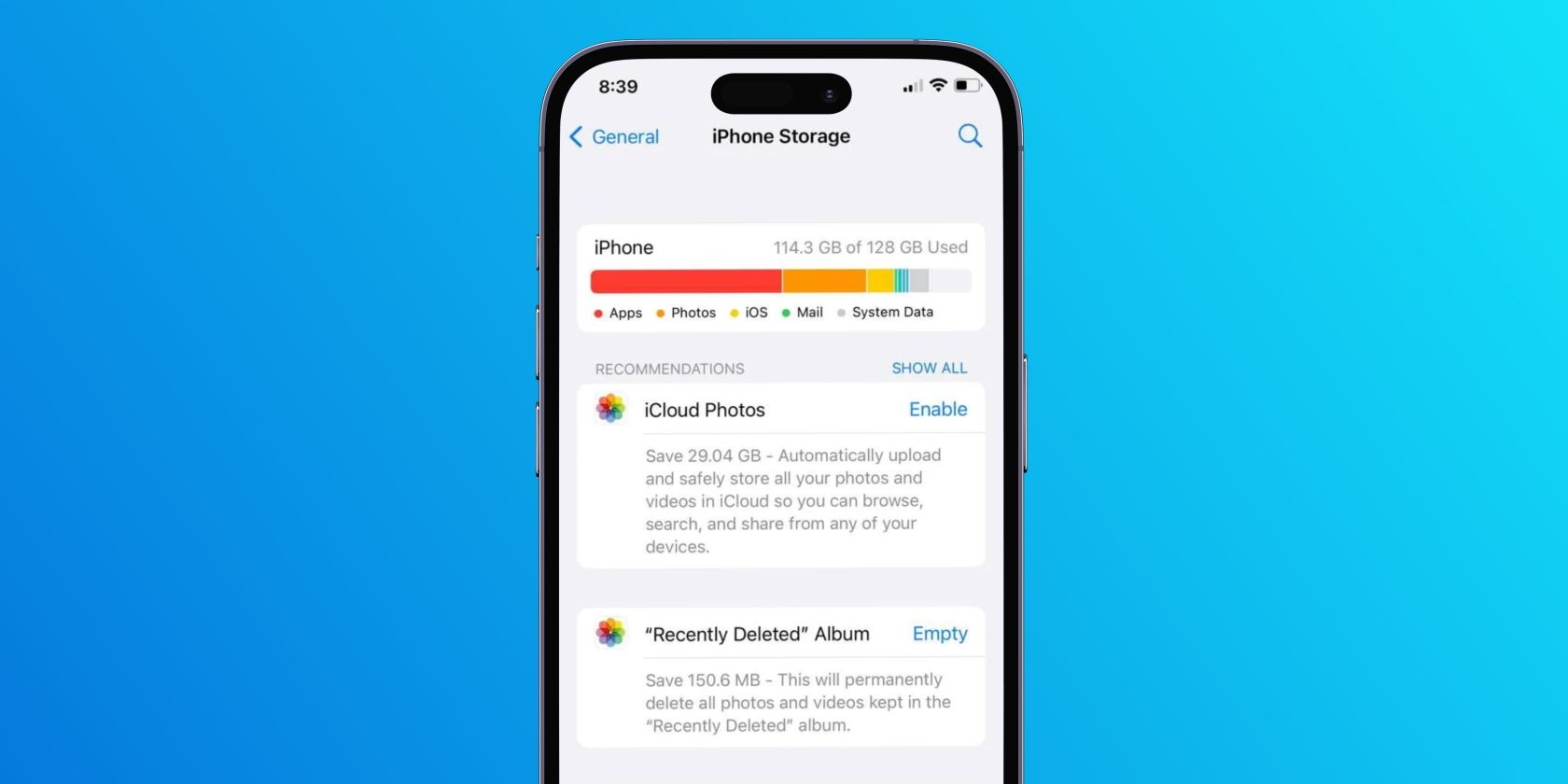 iPhone showing storage settings menu