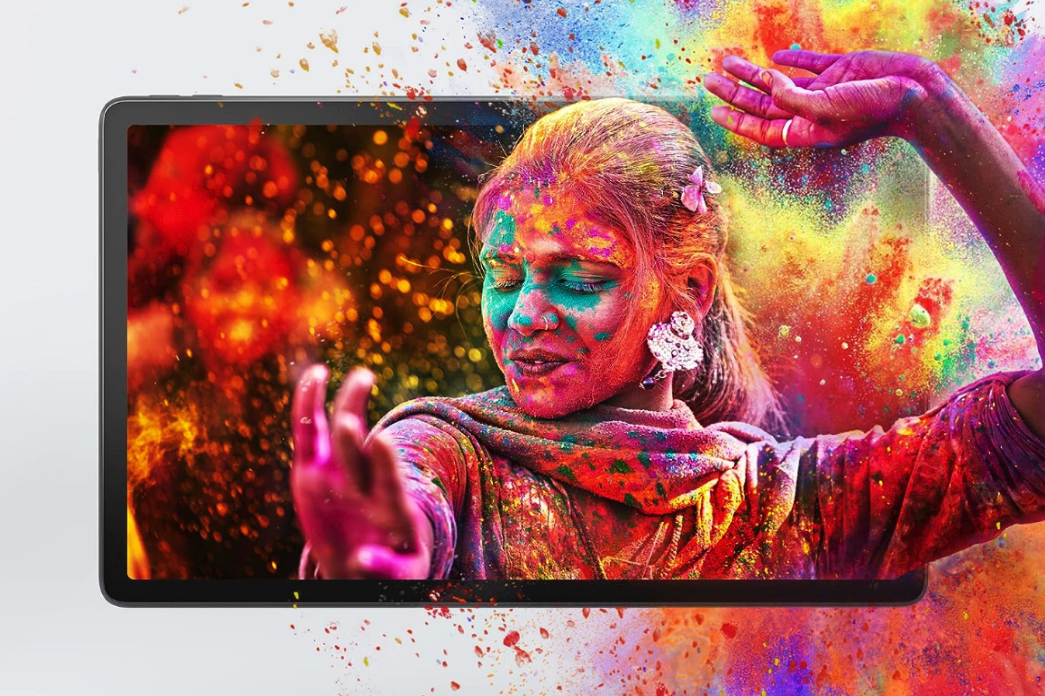 A Lenovo Tab P11 2nd Gen with a woman surrounded by color popping out the screen