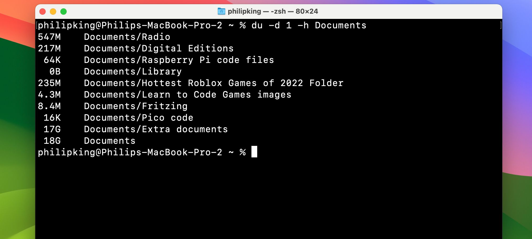 Mac Terminal window running disk usage command