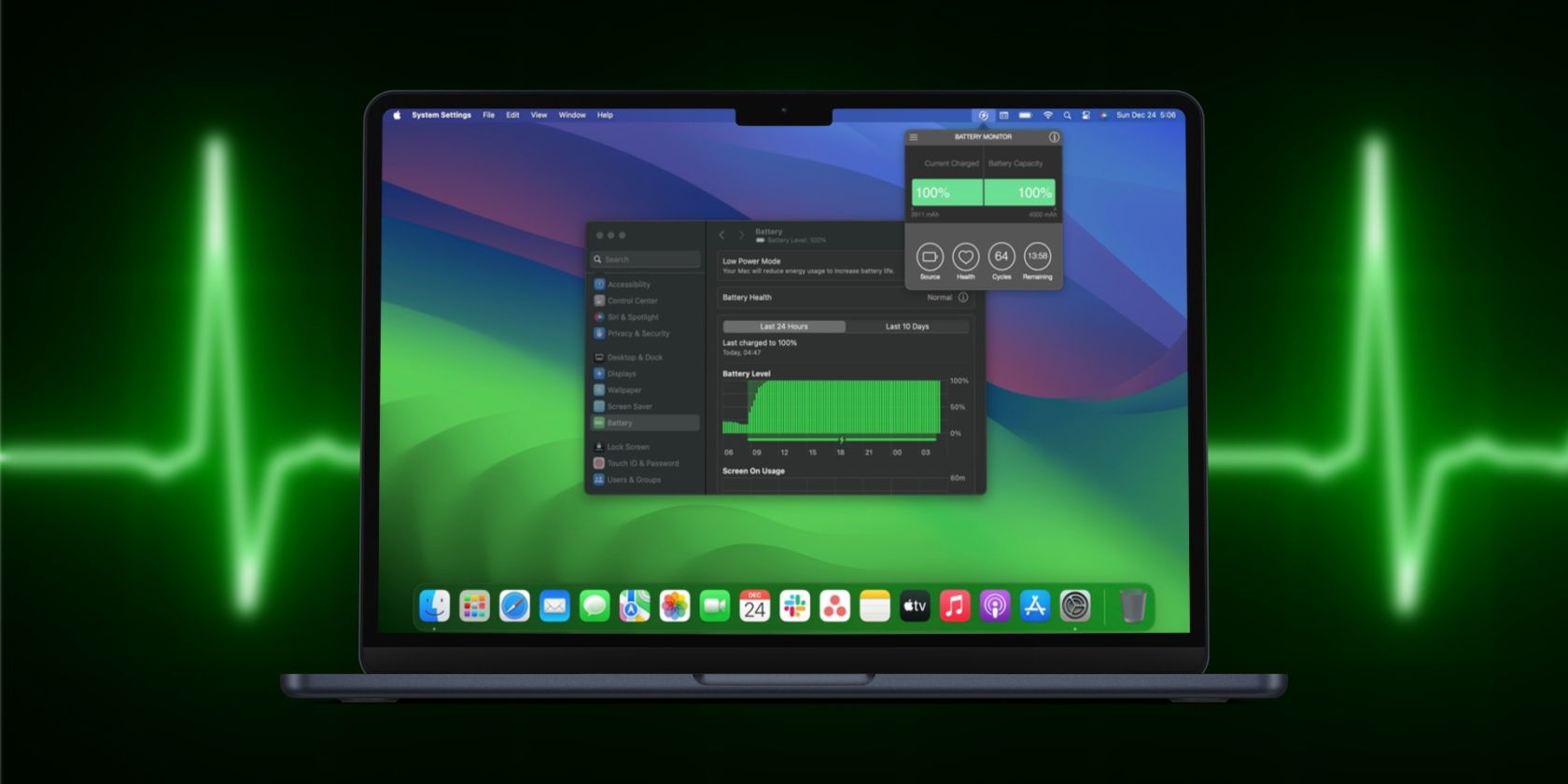 MacBook showing battery status in System Settings and menu bar