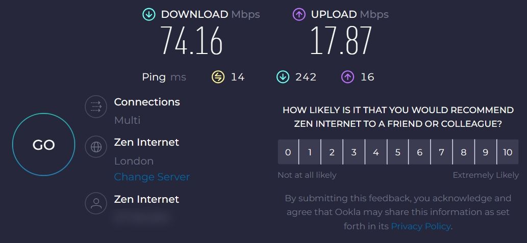 اسکرین شات از نتیجه تست سرعت اتصال speedtest.net