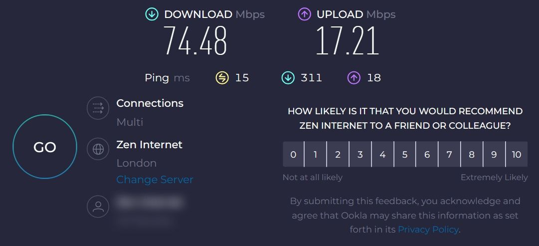 اسکرین شات از نتایج تست سرعت اتصال speedtest.net