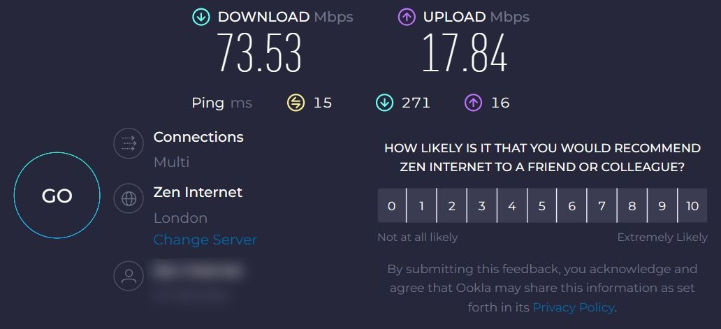 اسکرین شات از نتایج تست سرعت اتصال speedtest.net