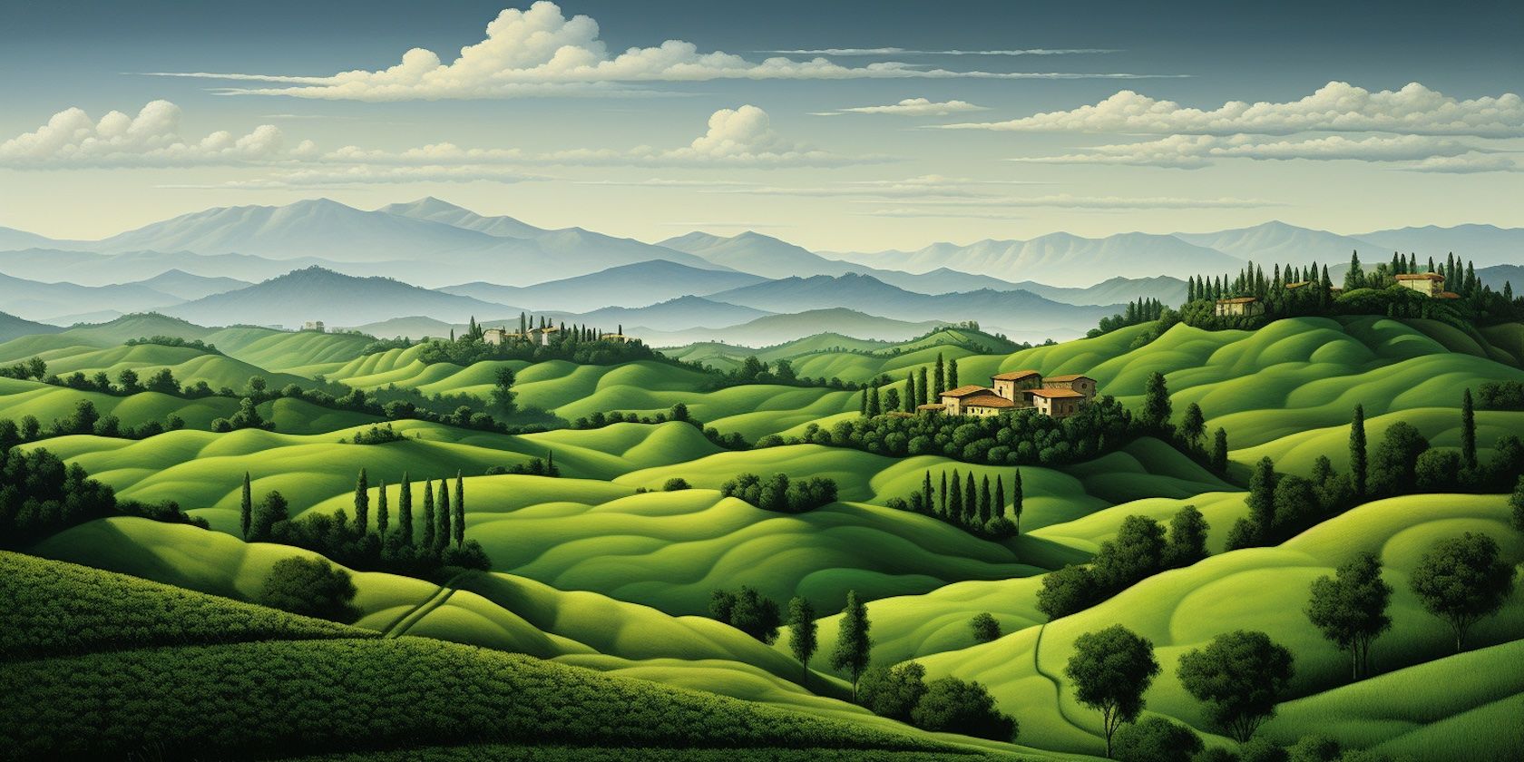 Oil painting of green rolling hills created with Midjourney