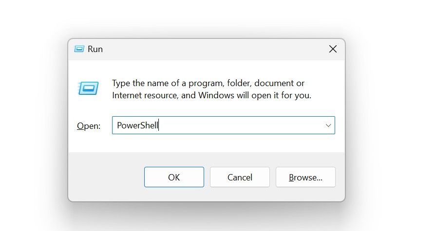Открытие утилиты Windows PowerShell из диалогового окна "Выполнить " в Windows.