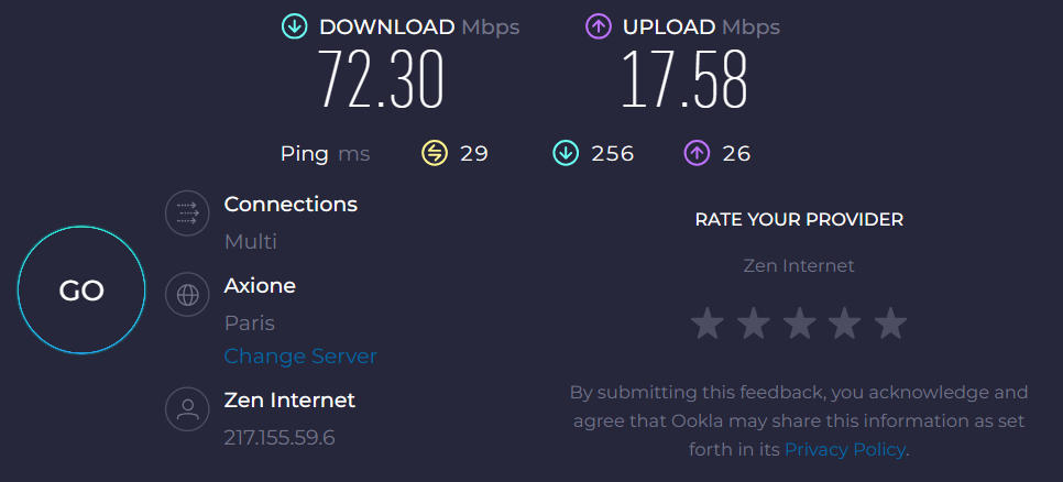 اسکرین شات نتیجه تست سرعت اتصال speedtest.net