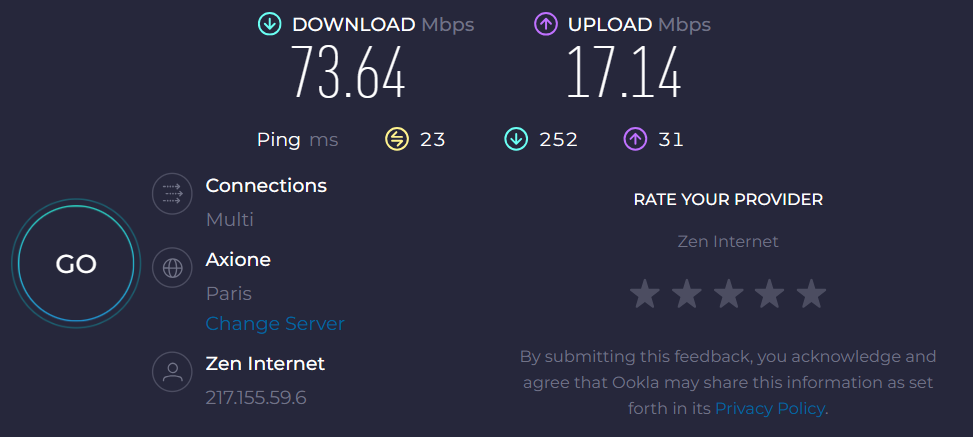 اسکرین شات از نتایج تست سرعت اتصال speedtest.net