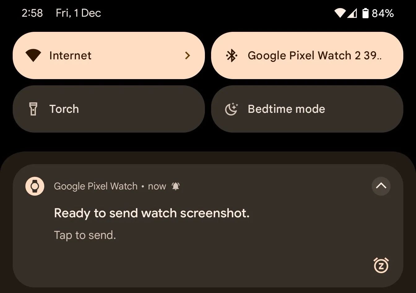 Pixel Watch screenshot notification on a paired phone