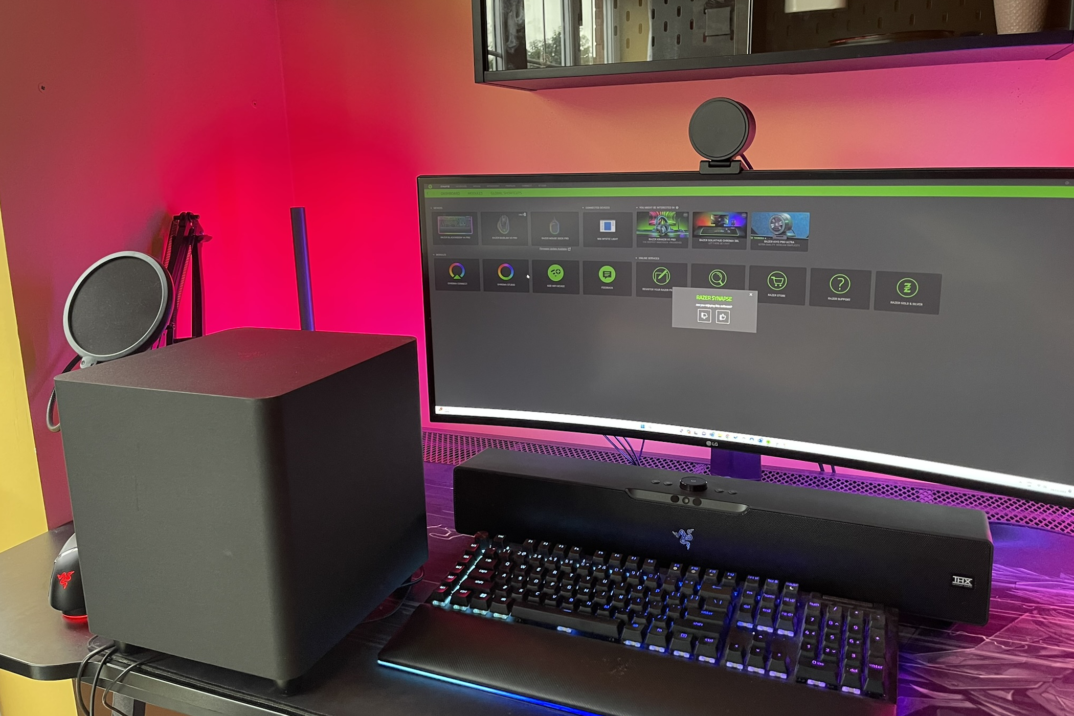 razer leviathan v2 pro subwoofer close up on desk