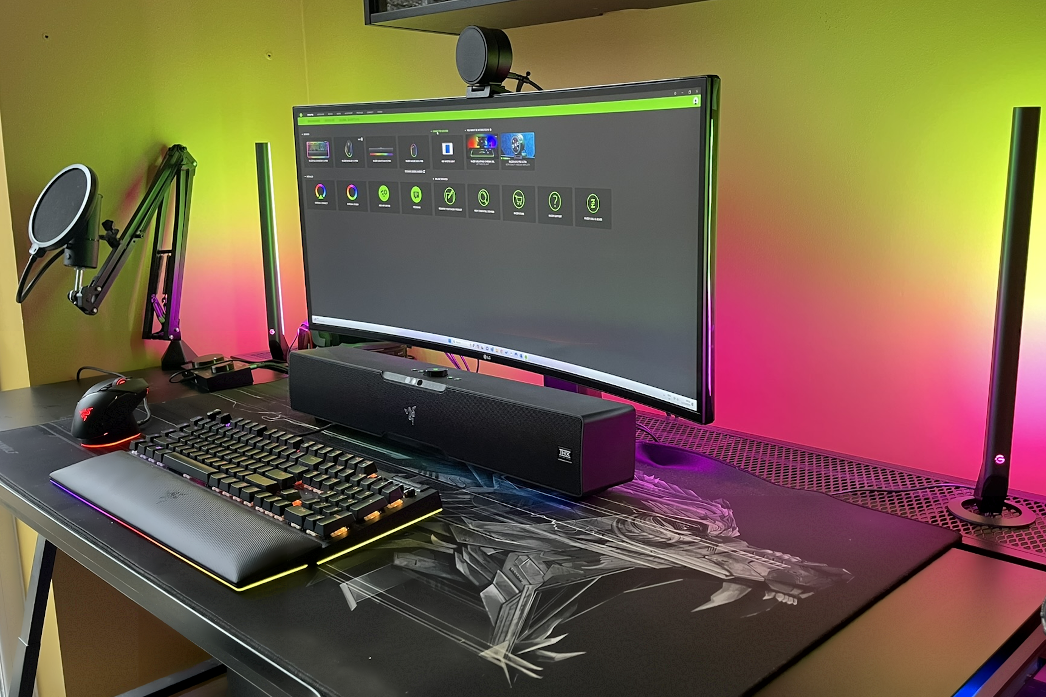 razer leviathan v2 pro on gaming desk under monitor
