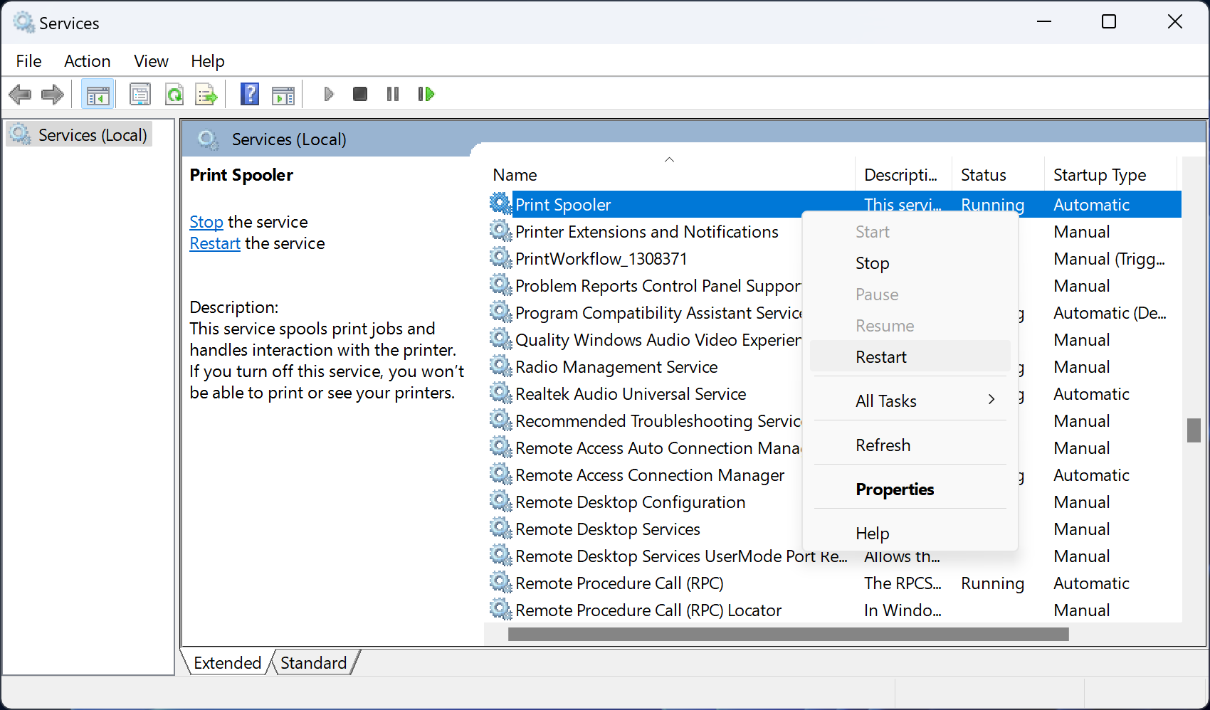 Перезапуск диспетчера очереди печати в службах в Windows 11