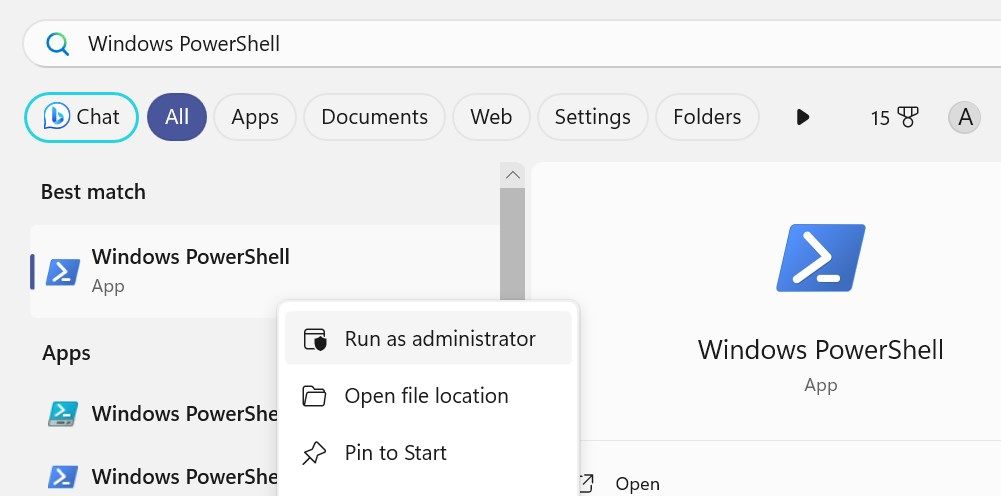 Запуск Windows PowerShell от имени администратора в Windows.