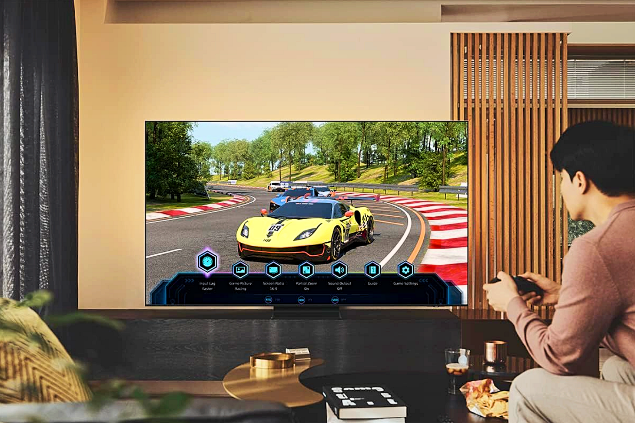 A man playing a video game on the Samsung Neo QLED 4K QN90B TV