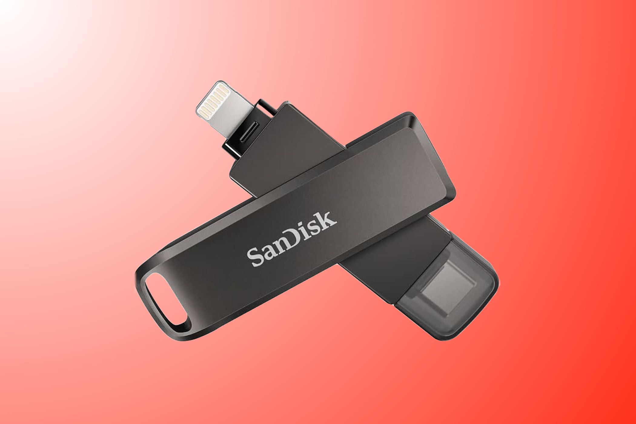sandisk idrive luxe on a red gradient background