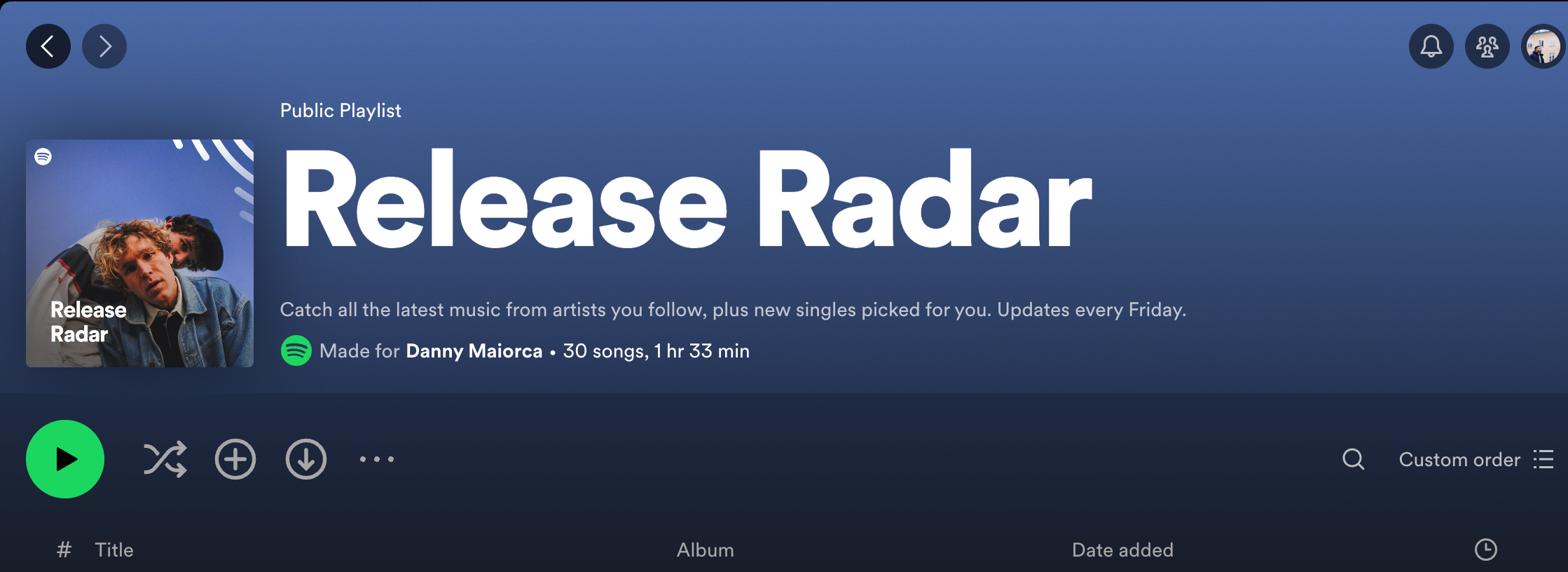 The Release Radar Playlist on Spotify