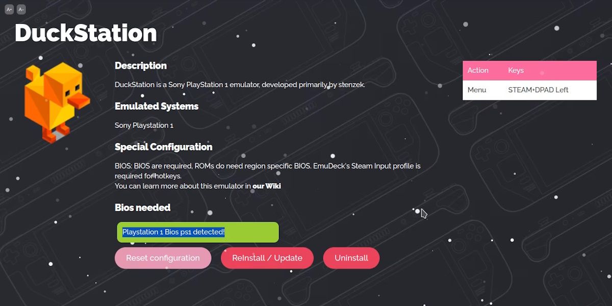 اسکرین شات صفحه EmuDeck DuckStation که نشان می دهد فایل های BIOS مورد نیاز است