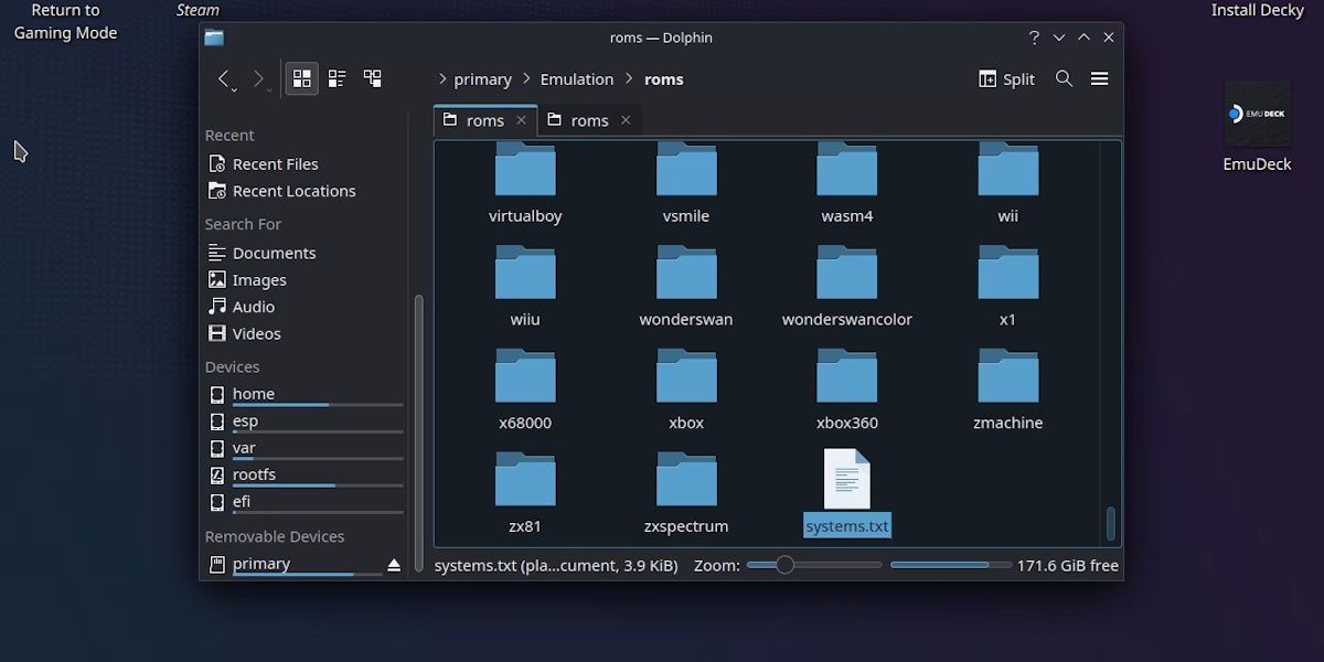 عکس صفحه پوشه EmuDeck که system.txt را نشان می دهد