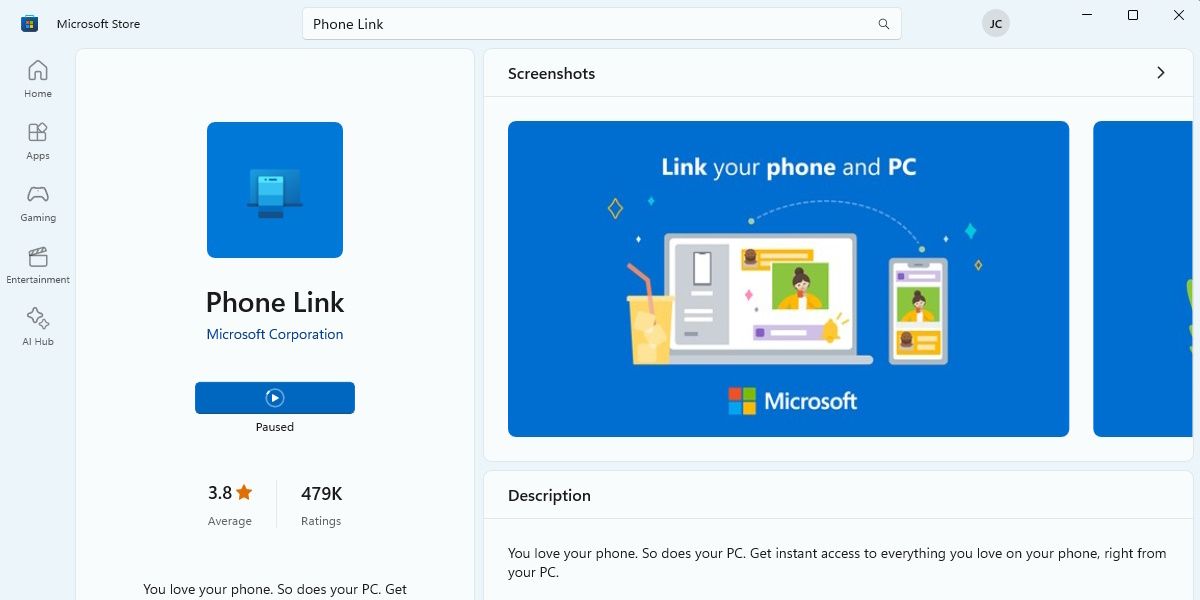 Screenshot of Phone Link in the Microsoft Store