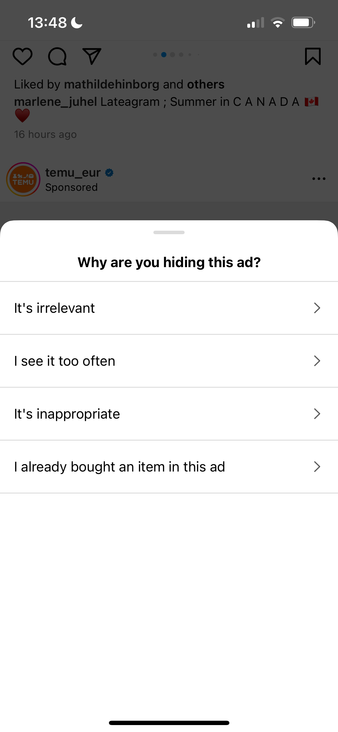 Selecting a Reason for Marking IG Ad as Not Interested After Hiding It
